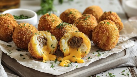 Mit Käse und Hackfleisch gefüllte Kartoffelbällchen. auf einem Teller.