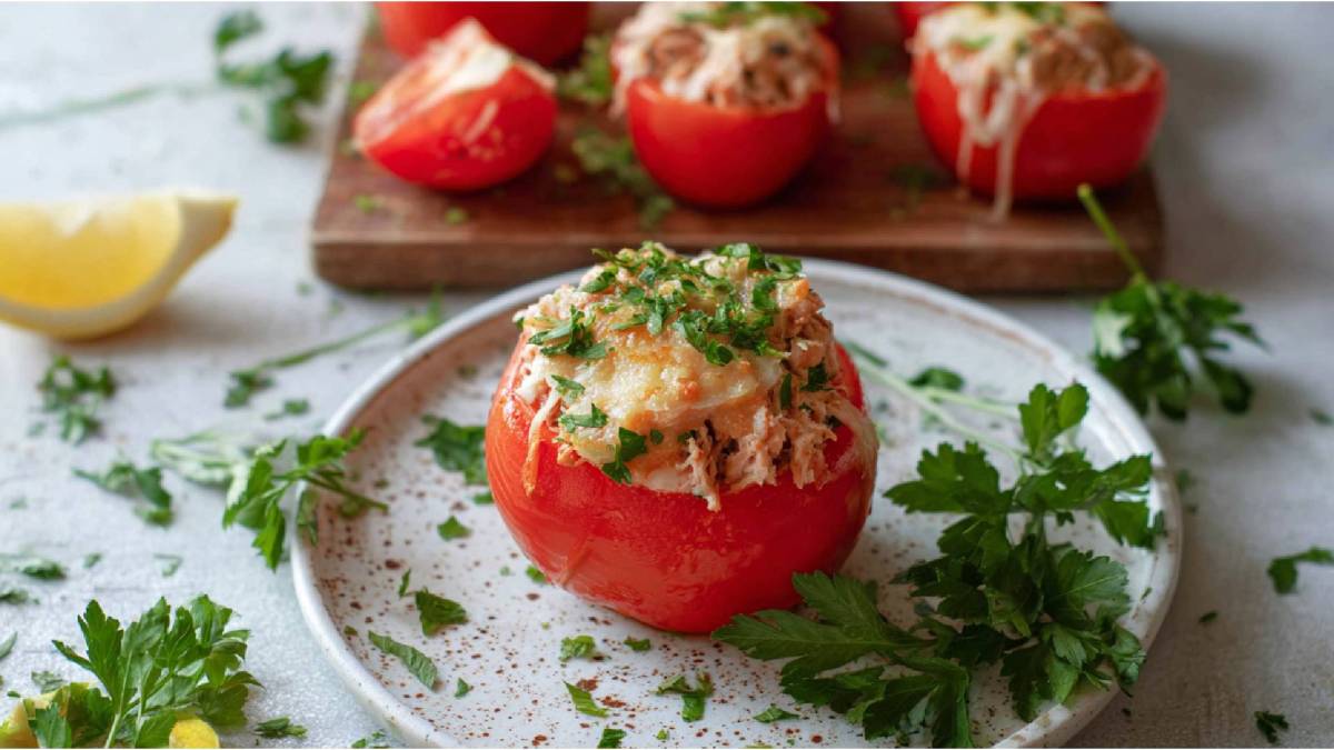 Gefüllte Thunfisch-Tomaten auf einem Tisch