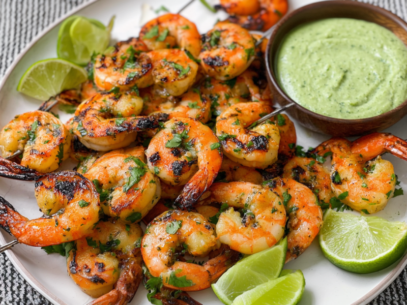 Gegrillte Garnelen mit Limette auf einem Teller, daneben eine Schale mit einem grünen Dip.