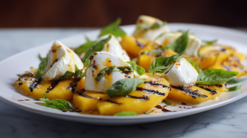 Gegrillte Mango mit Burrata, angerichtet mit einer Chili-Vinaigrette.