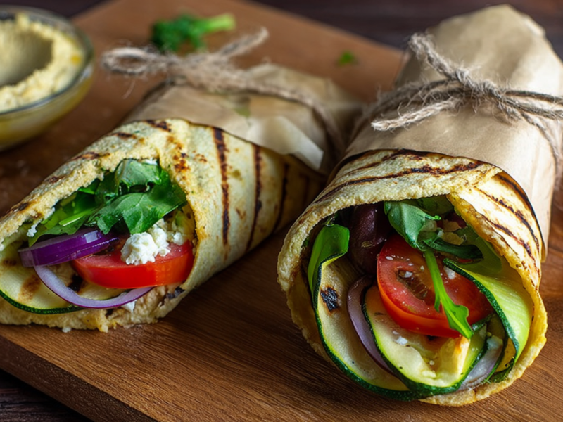 Gegrillte Zucchini-Hummus-Wraps, serviert auf einem Brett.