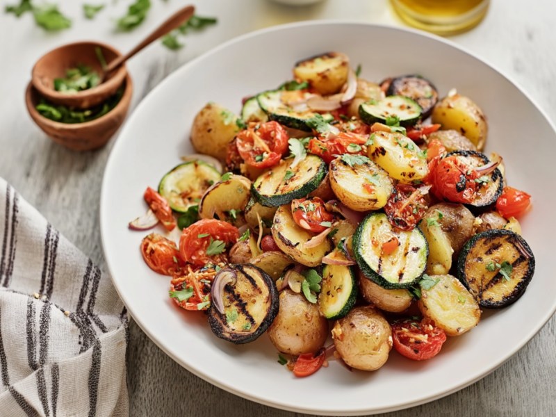 Gegrillter Kartoffelsalat mit Zucchini in einer Schüssel.