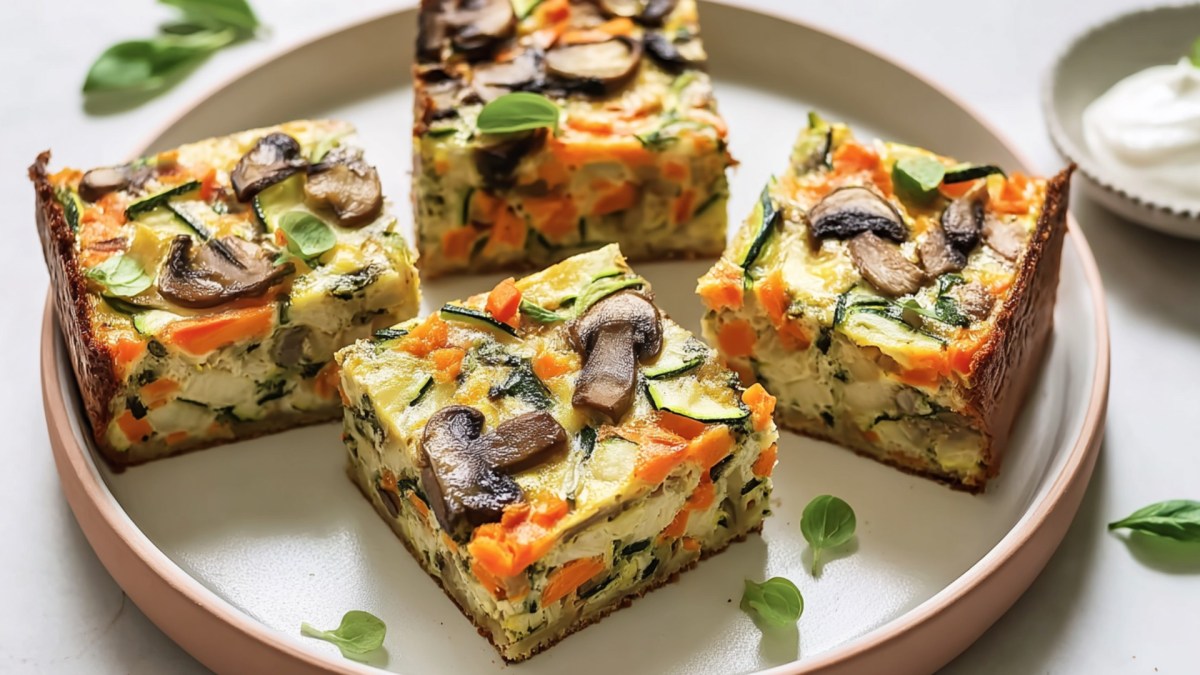 Vier Stücke Gemüsekuchen mit Zucchini vom Blech auf einem Teller.