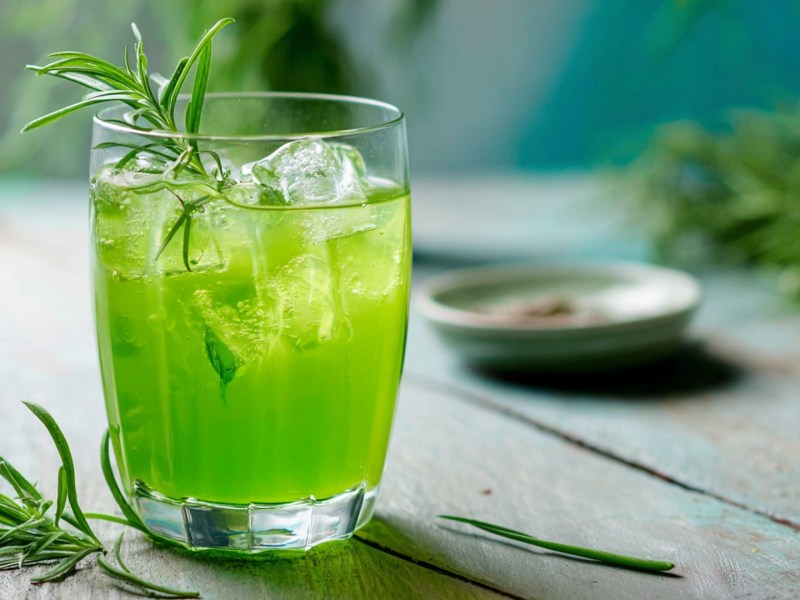 Ein Glas georgische Estragon-Limonade, die auf einer Holzoberfläche steht. Ringsum und im Hintergrund kann frischen Estragon rumliegen sehen.