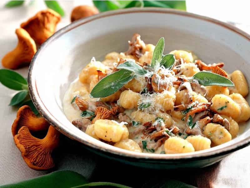 Teller mit Gnocchi in Pfifferling-Sahnesoße