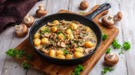 Eine Gnocchi-Pilz-Pfanne mit Hähnchen auf einem Holzbrett.