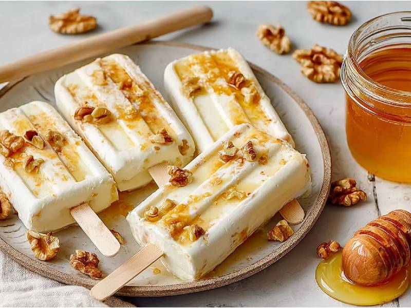 Vier griechische Joghurt-Honig-Eis am Stiel auf einem Teller. Glas flüssiger Honig daneben