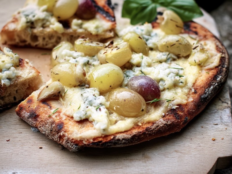 In Stücke geschnittenes Grillbrot mit Trauben und Käse.