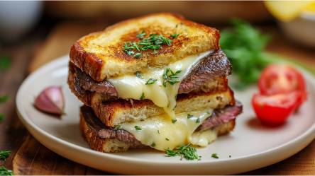 Teller mit zwei Grilled Cheese Sandwiches mit Steak
