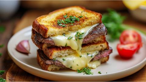 Teller mit zwei Grilled Cheese Sandwiches mit Steak