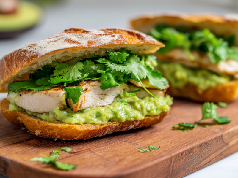 Zwei Guacamole-Sandwichs mit Hähnchen, serviert auf einem Brett.