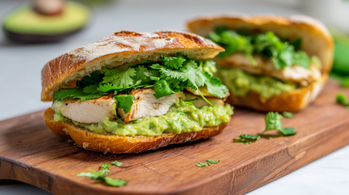 Zwei Guacamole-Sandwichs mit Hähnchen, serviert auf einem Brett.