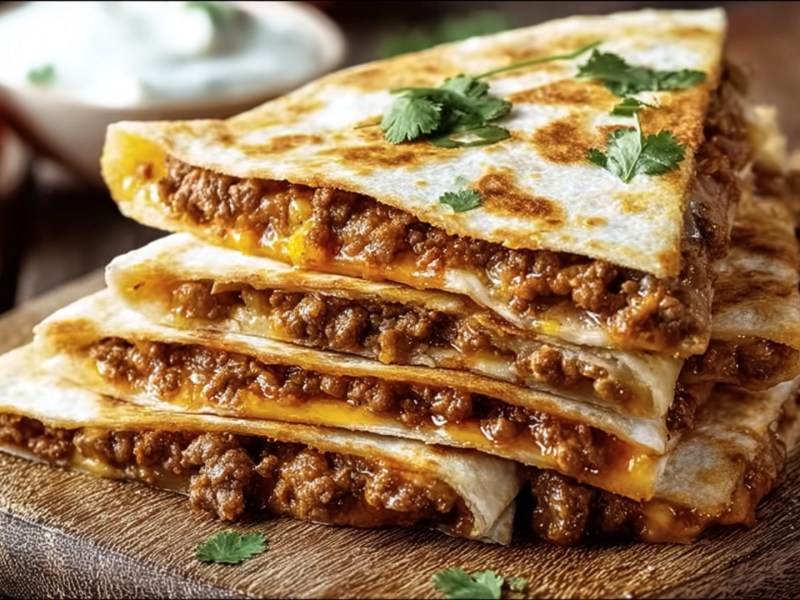 Mehrere Hackfleisch-Quesadillas übereinander auf einem Holzbrett.