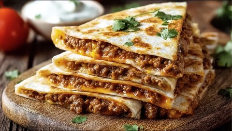 Mehrere Hackfleisch-Quesadillas übereinander auf einem Holzbrett.