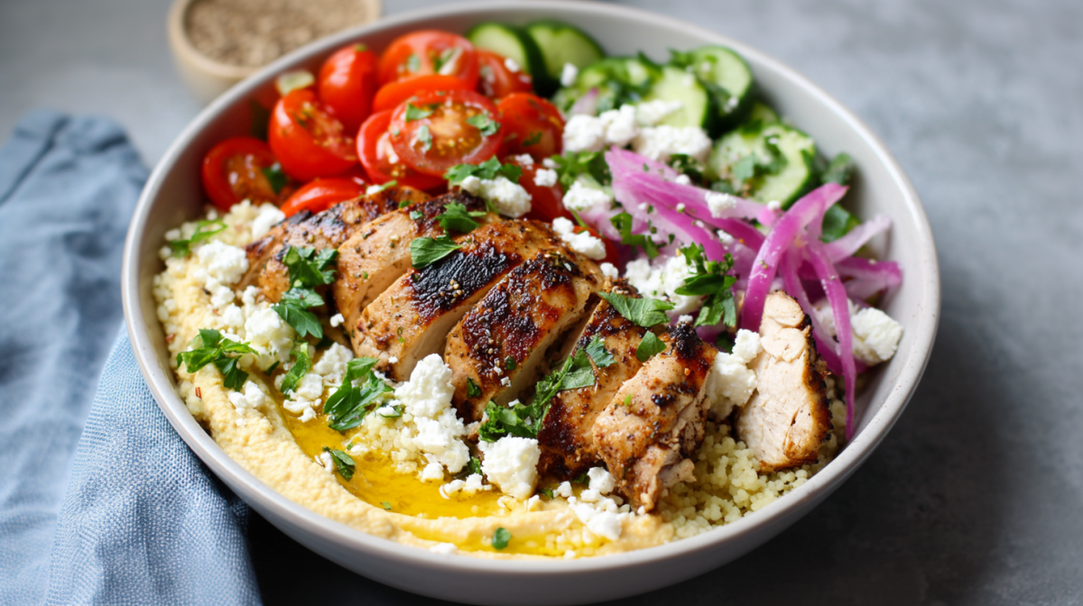 Hähnchen-Bowl mit Hummus in einer Schüssel.