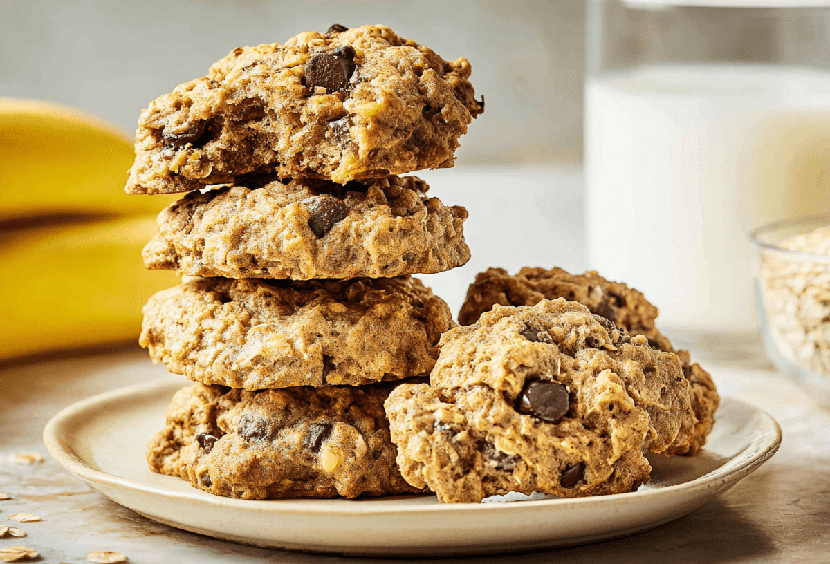 Ein Stapel Haferflocken-Frühstückskekse mit Banane, dahinter ein Glas Milch.