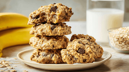 Ein Stapel Haferflocken-Frühstückskekse mit Banane, dahinter ein Glas Milch.