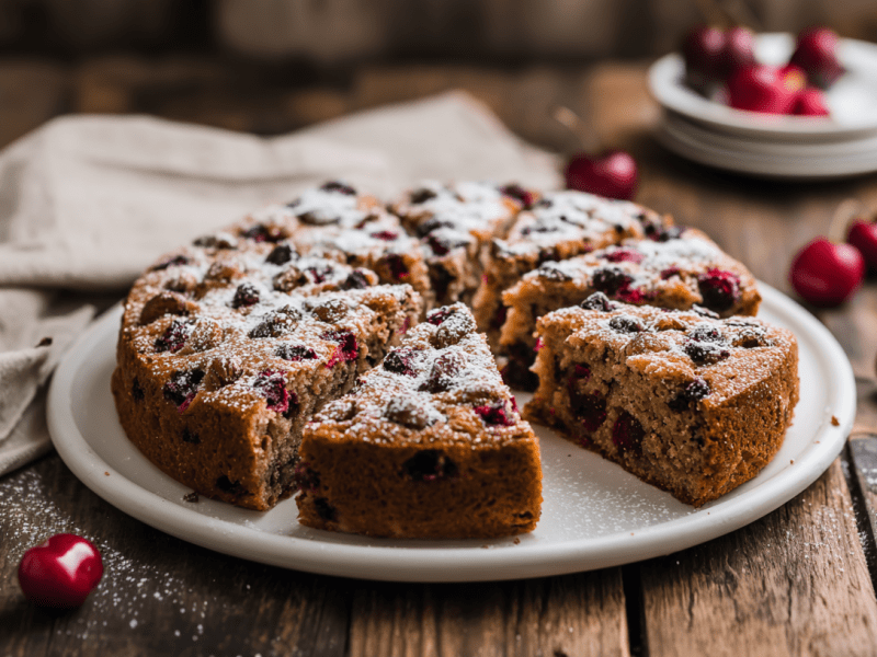 Haselnuss-Kirsch-Kuchen, serviert auf einem Teller.