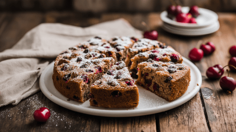 Haselnuss-Kirsch-Kuchen, serviert auf einem Teller.