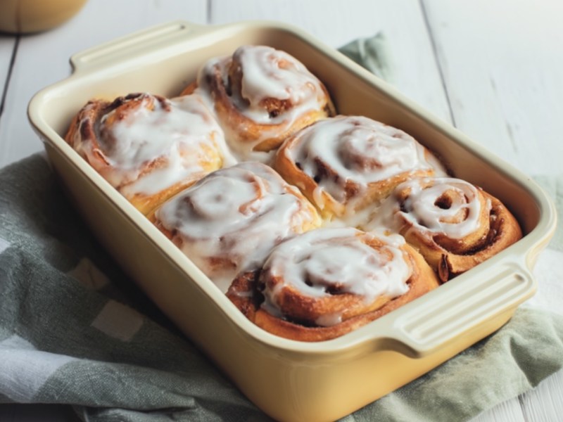 Sechs Hefeschnecken mit Bier-Mandel-Füllung in einer Auflaufform.