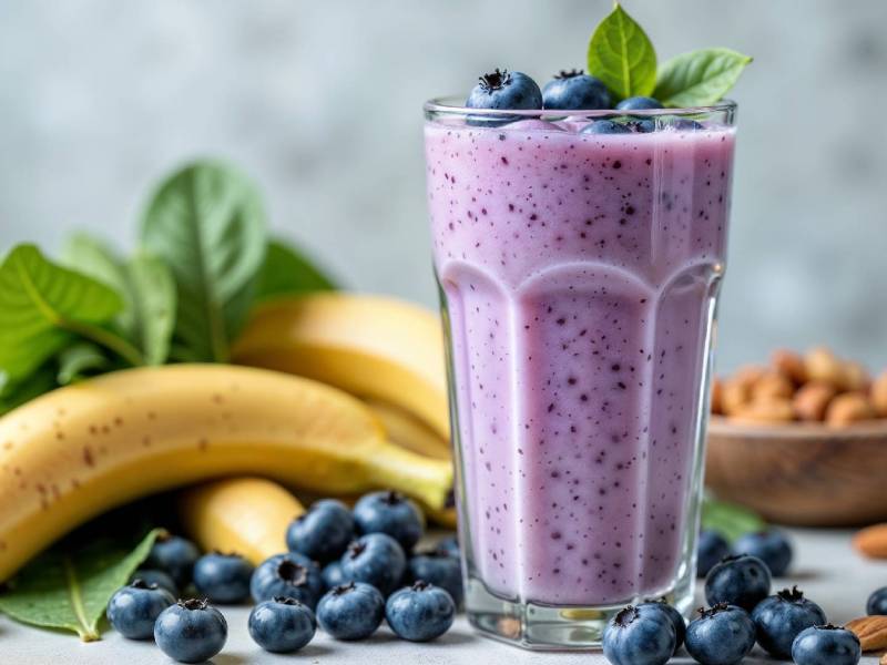 Glas mit Heidelbeer-Bananen-Smoothie mit Mandelmilch, Bananen und Heidelbeeren im Hintergrund