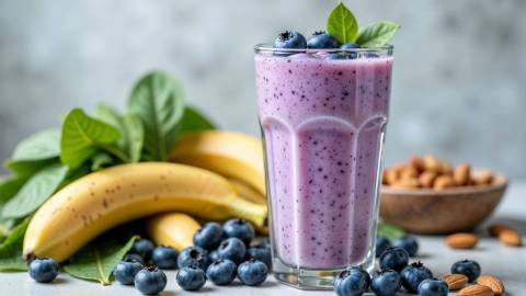 Glas mit Heidelbeer-Bananen-Smoothie mit Mandelmilch, Bananen und Heidelbeeren im Hintergrund