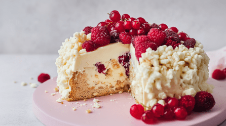 Heller Maulwurfkuchen mit Himbeeren, angeschnitten auf einer Platte stehend. Verziert ist der Kuchen mit frischen Himbeeren und Johannisbeeren.