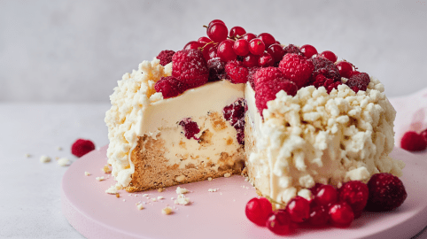 Heller Maulwurfkuchen mit Himbeeren, angeschnitten auf einer Platte stehend. Verziert ist der Kuchen mit frischen Himbeeren und Johannisbeeren.