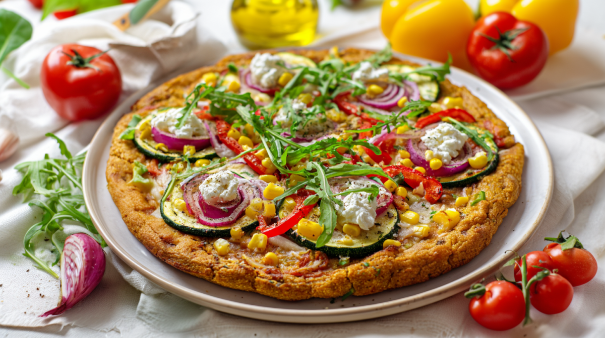 High Protein Pizza, serviert auf einem Teller. Frisches Gemüse liegt als Deko außen herum.