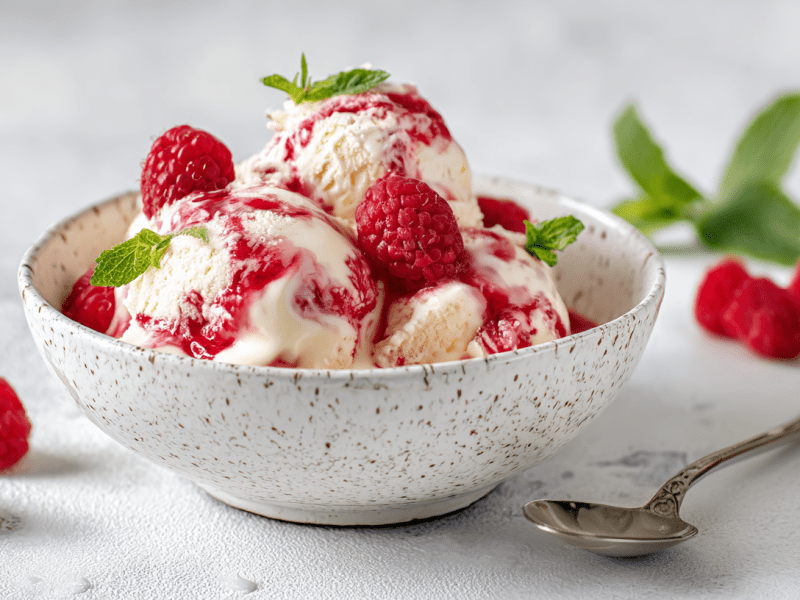Himbeer-Cheesecake-Eis, serviert in einer Schüssel. Daneben liegen frische Himbeeren als Dekoration.