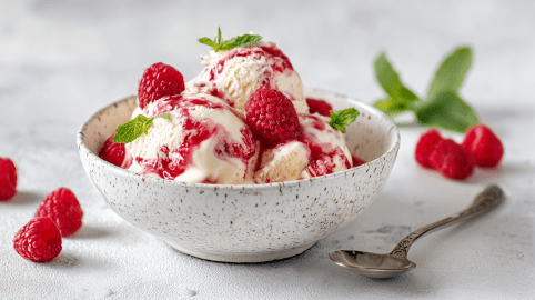 Himbeer-Cheesecake-Eis, serviert in einer Schüssel. Daneben liegen frische Himbeeren als Dekoration.