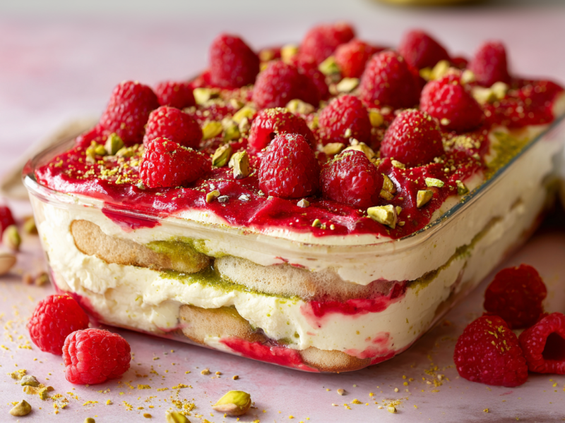 Himbeer-Pistazien-Auflauf in einer Form.