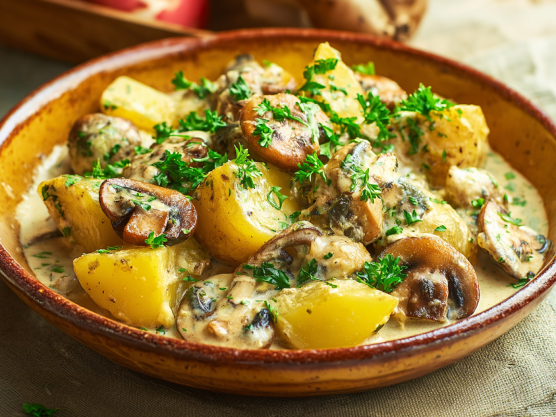 Ein Teller voll Kartoffel-Pilz-Eintopf, garniert mit frischer Petersilie.