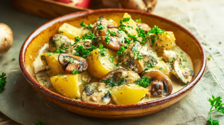 Ein Teller voll Kartoffel-Pilz-Eintopf, garniert mit frischer Petersilie.