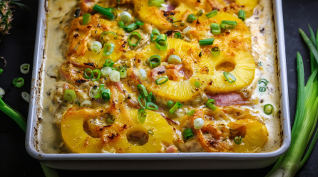 Kassler Hawaii aus dem Ofen, serviert auf einem Blech.