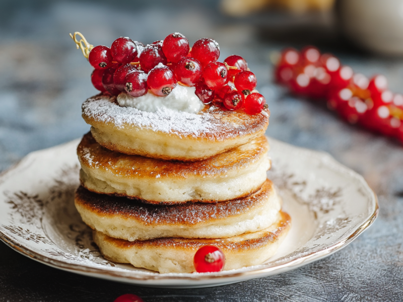 Ein Stapel Kefir-Pancakes, serviert mit roten Johannisbeeren und Puderzucker.