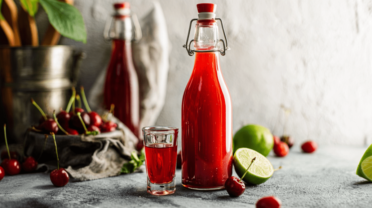 Eine Flasche Kirsch-Limes steht vor einem Hintergrund, ein Shotglas mit dem Limes daneben. Einige frische Kirschen und Limette liegen als Deko daneben.