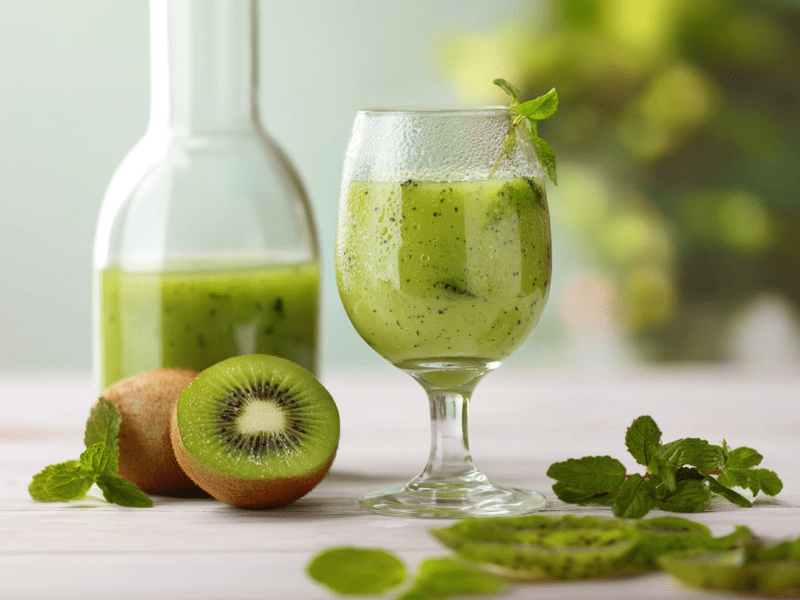 Ein Glas Kiwi-Limes auf einem weißen Holztisch. Neben dem Glas liegen zwei Kiwis, eine davon halbiert. Dahinter steht eine halb leere Flasche mit dem Kiwi-Limes.