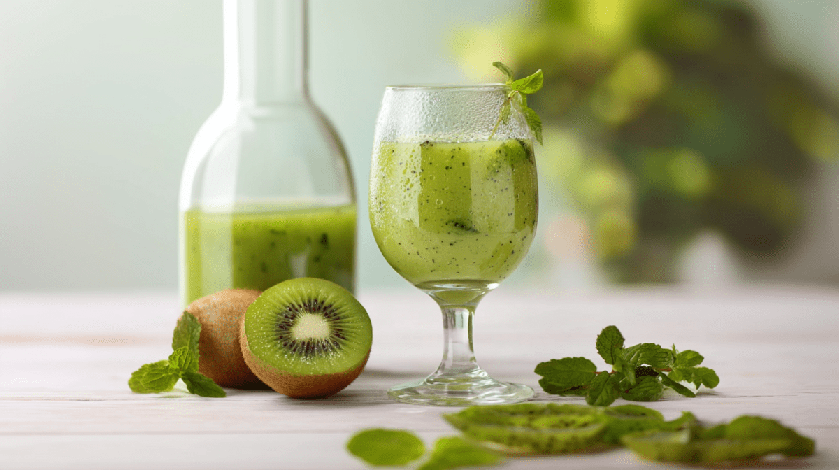 Ein Glas Kiwi-Limes auf einem weißen Holztisch. Neben dem Glas liegen zwei Kiwis, eine davon halbiert. Dahinter steht eine halb leere Flasche mit dem Kiwi-Limes.