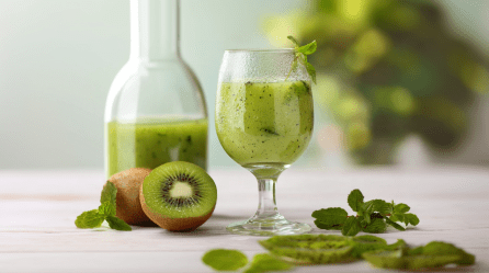 Ein Glas Kiwi-Limes auf einem weißen Holztisch. Neben dem Glas liegen zwei Kiwis, eine davon halbiert. Dahinter steht eine halb leere Flasche mit dem Kiwi-Limes.