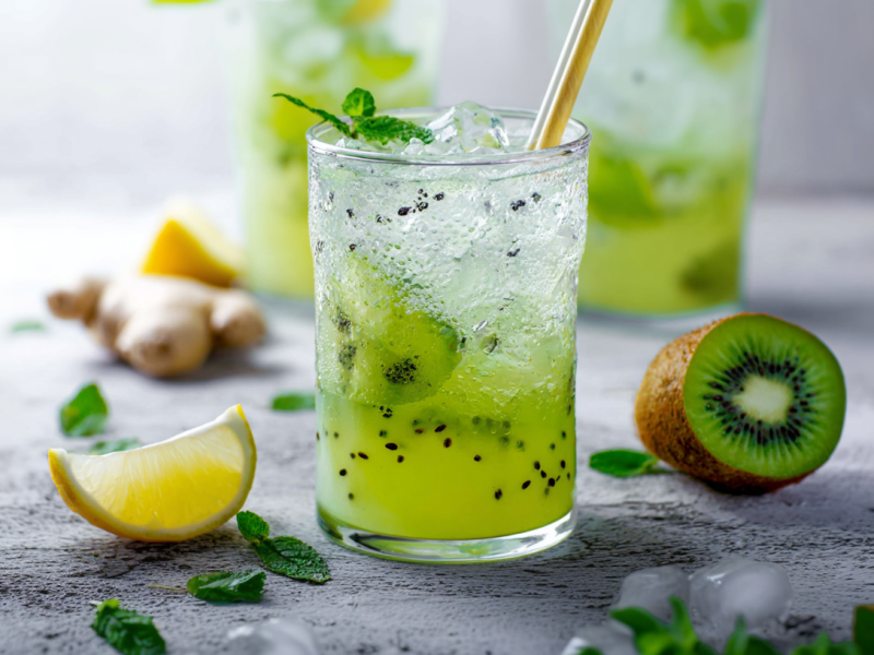 Ein Glas Kiwi-Zitronen-Mojito steht auf grauem Untergrund. Um das Glas verteilt liegen frische Minzblätter sowie eine Zitronenspalte und eine halbe Kiwi. Im Hintergrund sieht man eine Ingwer und zwei weitere Gläser mit dem Cocktail.