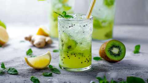 Ein Glas Kiwi-Zitronen-Mojito steht auf grauem Untergrund. Um das Glas verteilt liegen frische Minzblätter sowie eine Zitronenspalte und eine halbe Kiwi. Im Hintergrund sieht man eine Ingwer und zwei weitere Gläser mit dem Cocktail.