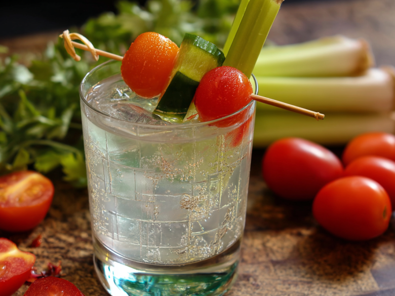 EIn Glas mit klarem Bloody Mary, garniert mit Tomaten, Gurke und Sellerie.