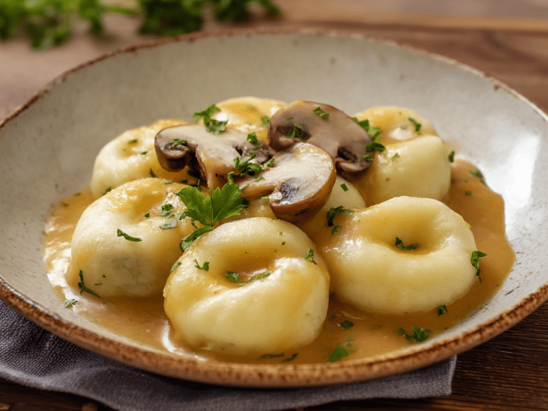 Mehrere Kluski sind mit einer Pilzrahmsoße auf einem rustikalen Teller angerichtet. Der Teller steht auf einem grauen Tuch. Im Hintergrund liegen noch frische Kräuter.