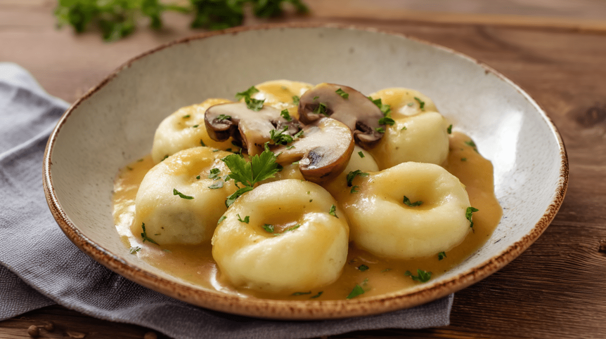 Mehrere Kluski sind mit einer Pilzrahmsoße auf einem rustikalen Teller angerichtet. Der Teller steht auf einem grauen Tuch. Im Hintergrund liegen noch frische Kräuter.