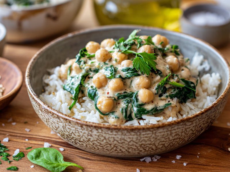 Eine Knoblauch-Kichererbsenpfanne angerichtet in einer marmorierten Schüssel. Um die Schüssel verteilt liegen weitere Zutaten, wie Basilikum und Salzkörner.