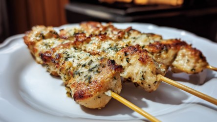 Mehrere Knoblauch-Parmesan-Hähnchenspieße auf einem Teller.