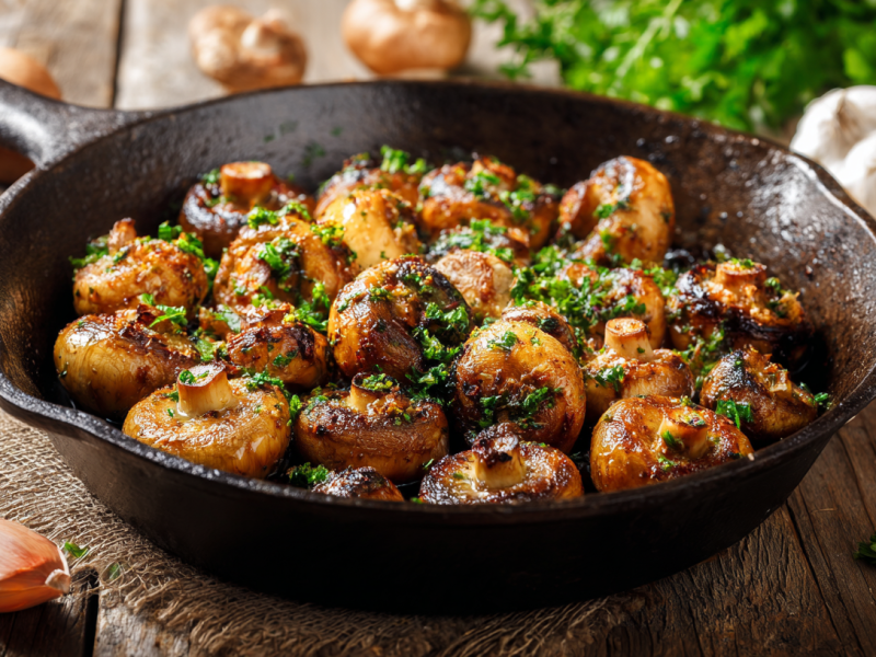 Eine Pfanne Knoblauch-Parmesan-Pilze. Um die Pfanne liegen eine Champignons und etwas Knoblauch verteilt. Im Hintergrund rechts liegt frische Petersilie.