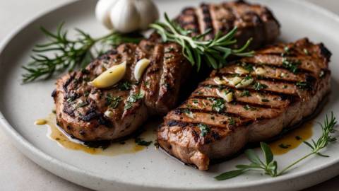 zwei Knoblauch-Rosmarin-Steaks auf einem Teller