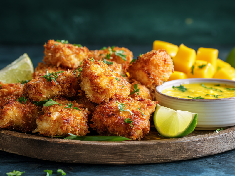 Ein Brett mit Kokos-Chicken-Nuggets, daneben steht ein Mango-Dip.